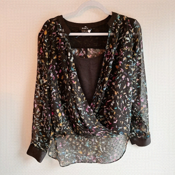 Dkny Tops - DKNY | Faux Wrap Chiffon Overlay Black and Multicolour Blouse Size S
